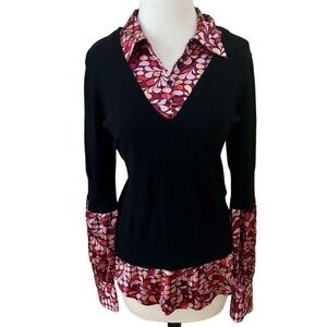 Y2K Bisou Bisou Sweater Top Black Satin Print Layered Look Women’s Large